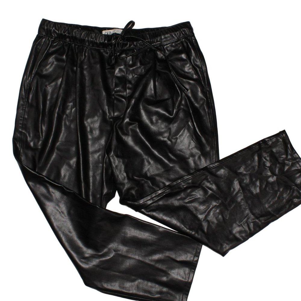 Zara Large Vegan Faux Leather Stretch Tie Waist Straight Leg Ankle Crop Pants - Picture 4 of 7